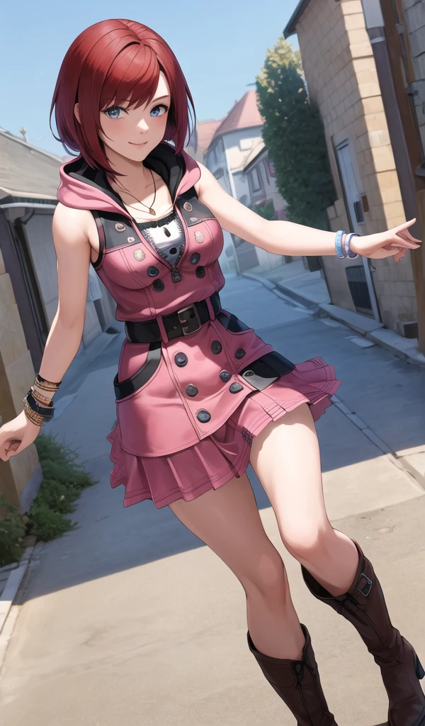 masterpiece, Highest quality, High resolution, CCKAIRI is, Medium Hair, necklace, Bare shoulders, hoodie, button, No sleeve, bracelet, Belt Buckle, Black belt, Pink Skirt, Are standing, Cowboy Shot, town, street, smile　Big Breasts　　Thigh-high boots　Girl Running　Infatuated