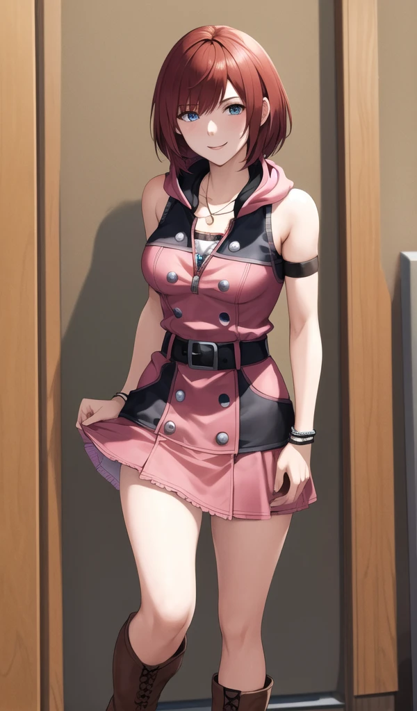 masterpiece, Highest quality, High resolution, CCKAIRI is, Medium Hair, necklace, Bare shoulders, hoodie, button, No sleeve, bracelet, Belt Buckle, Black belt, Pink Skirt, Are standing, Cowboy Shot, town, street, smile　Big Breasts　　Thigh-high boots　Girl Running　Infatuated