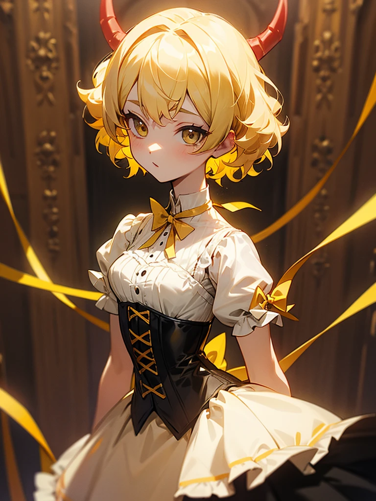 Short blonde curly hair Yellow ribbon hair accessory Corset dress Devil's wings Grumpy
