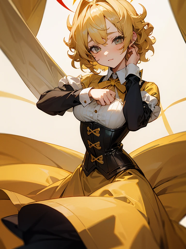 Short blonde curly hair Yellow ribbon hair accessory Corset dress Devil's wings Grumpy