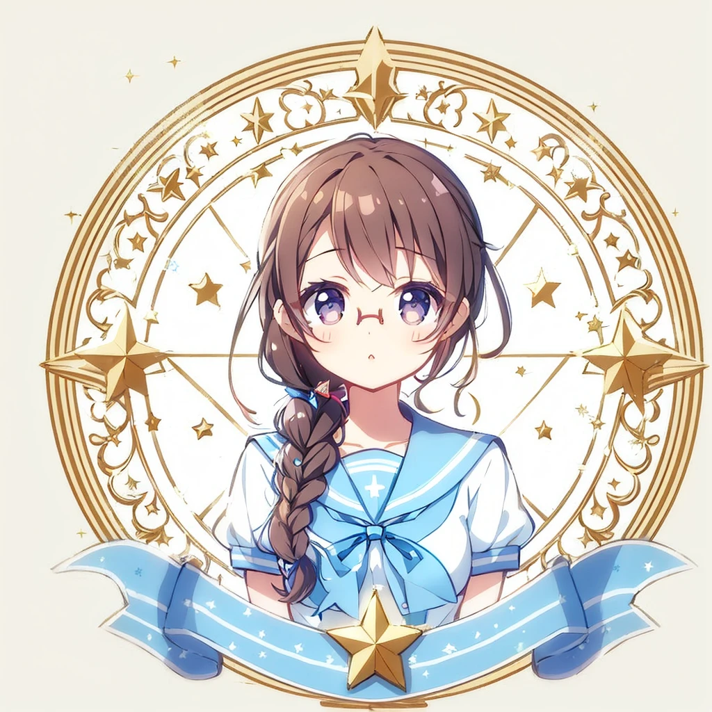 Circular emblem{star、ribbon、unicorn、candy、rainbow}、A girl with a single braided hairstyle{Glasses、Brown Hair、Brown eyes、droopy eyes、light blue sailor suit、large breasts}
