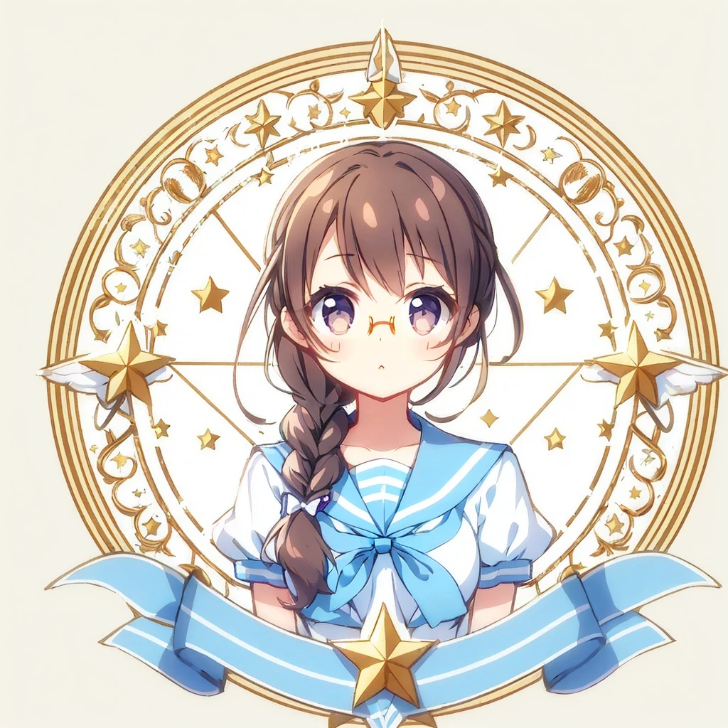Circular emblem{star、ribbon、unicorn、candy、rainbow}、A girl with a single braided hairstyle{Glasses、Brown Hair、Brown eyes、droopy eyes、light blue sailor suit、large breasts}