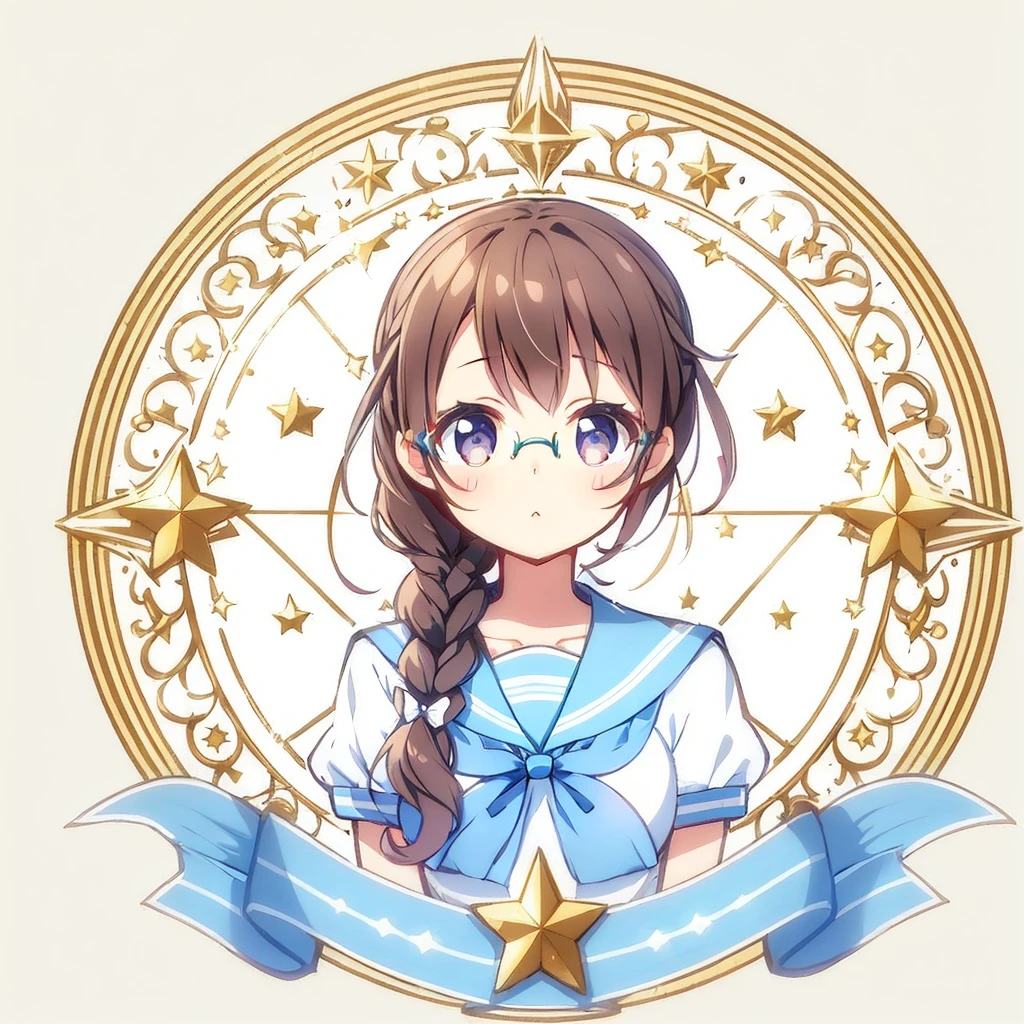 Circular emblem{star、ribbon、unicorn、candy、rainbow}、A girl with a single braided hairstyle{Glasses、Brown Hair、Brown eyes、droopy eyes、light blue sailor suit、large breasts}