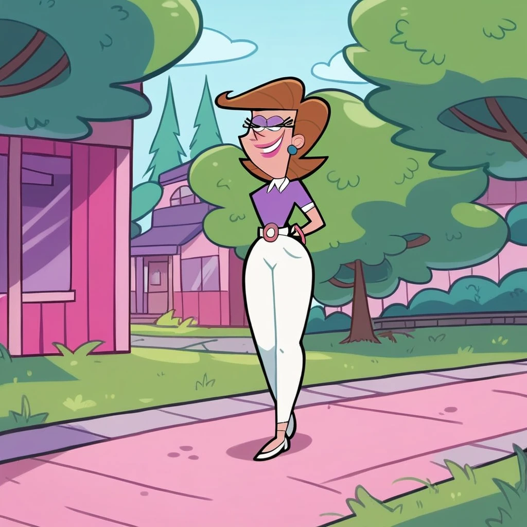 score_9, score_8_up, score_7_up, score_6_up, score_5_up, score_4_up, (Source the fairly oddparents), (rating safe), 1girl, solo, mrs. turner, eyeshadow, outside, walking, brown hair, short hair, white pants, purple shirt, smile, trees, grass,nue ,tétons 