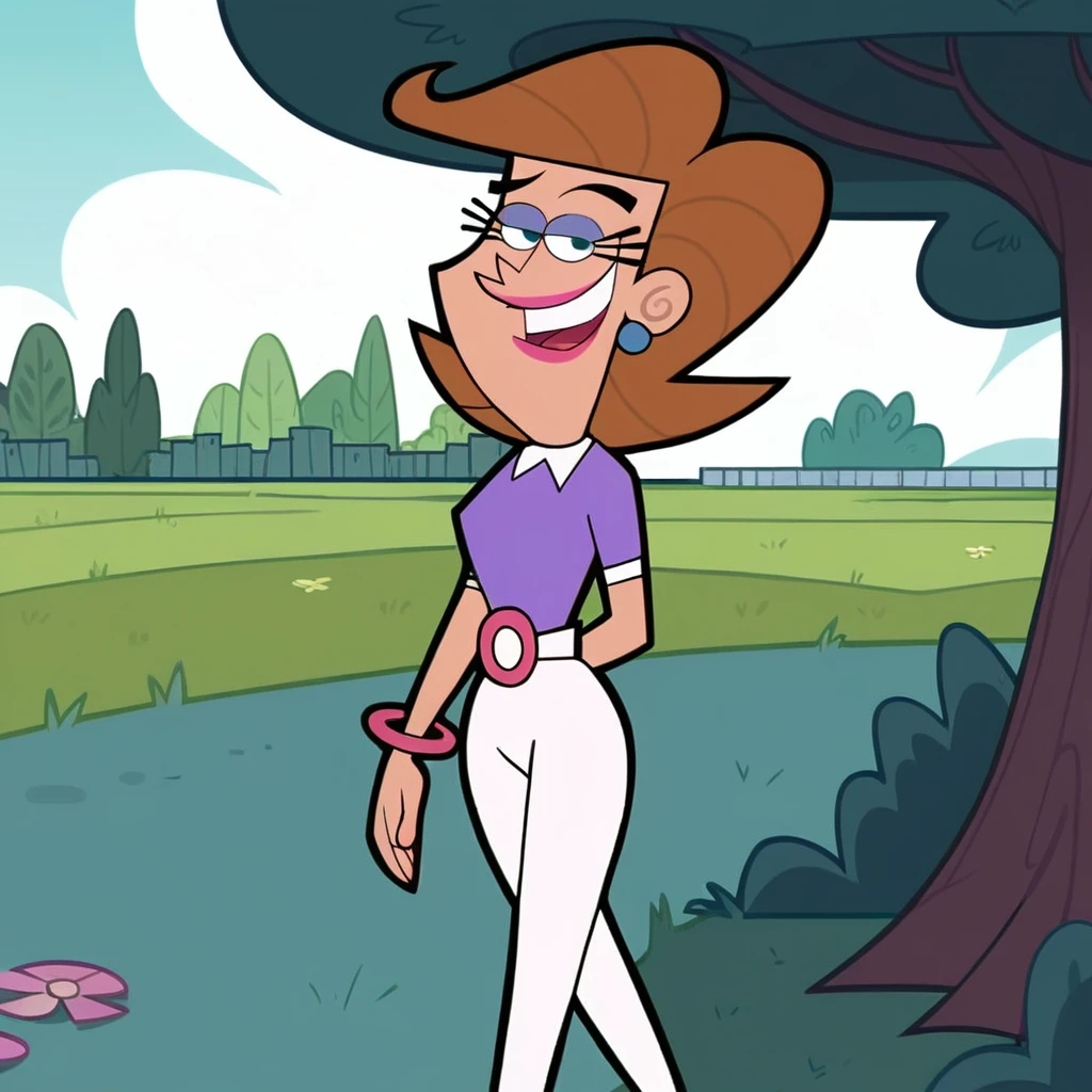 score_9, score_8_up, score_7_up, score_6_up, score_5_up, score_4_up, (Source the fairly oddparents), (rating safe), 1girl, solo, mrs. turner, eyeshadow, outside, walking, brown hair, short hair, white pants, purple shirt, smile, trees, grass,nue ,tétons 