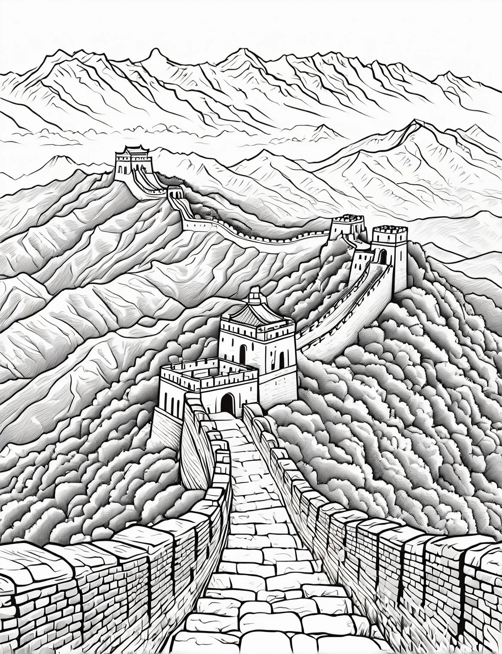 ((A section of the Great Wall snaking over hills, with a couple of ancient watchtowers and surrounding mountains), (black and white), (masterpiece), (coloring page), line art drawing, graphic, (simple line art), vector graphics, Clear and Distinct Lines, Varied Line Weights, Smooth curves, Bold outlines, Crisp shapes