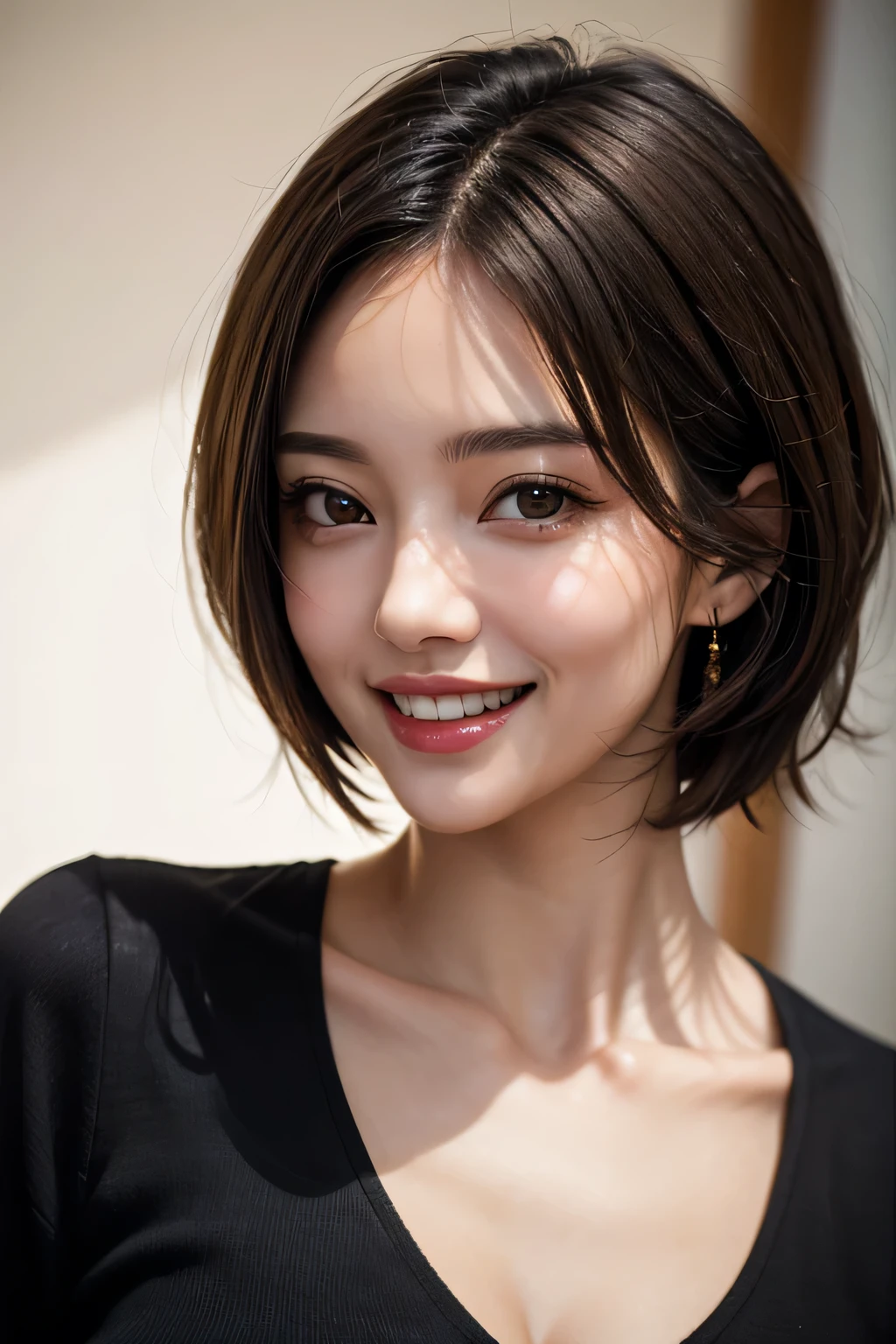 ((masterpiece)), ((Highest quality)), ((Complex)), ((Surreal)), (Realistic), (Mature Woman), ((No classes)), Very detailed, (1 female), Beautiful and exquisite, (Beautiful Teeth), Grin, Brunette Bob Hair, Brown eyes, ((blouse)), (Upper Body), (background:none), Perfect Eyes, Captivating eyes, Looking at the audience