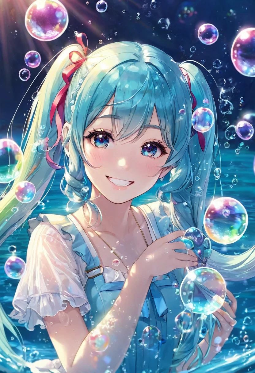 Beautiful girl in water with lots of bubbles　Lots of big bubbles　Rainbow bubbles　Light blue long hair　Beautiful girl with twin tails　In crystal clear water　Smiling Girl