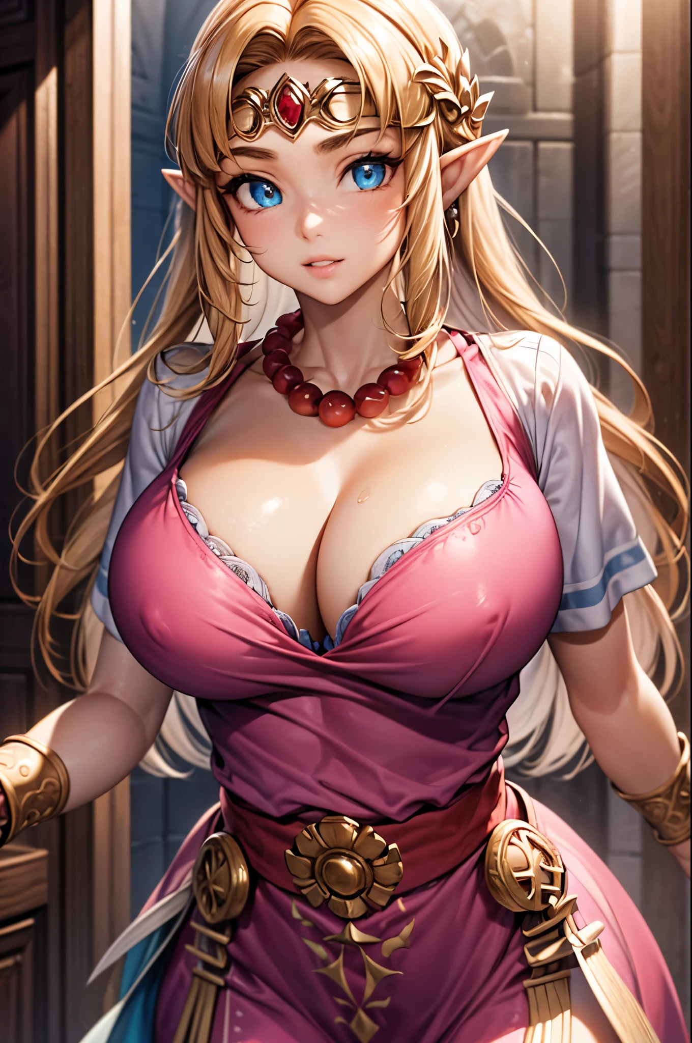 (masterpiece:1.2), best quality, high resolution, unity 8k wallpaper, (illustration:0.8), (beautiful detailed face:1.2, beautiful detailed eyes:1.2), perfect lighting, extremely detailed CG, (perfect hands, perfect anatomy), 

Cute, beautiful, charming lady, shiny hair, lustrous skin, beautiful light big eyes, 
milf, married woman, soft With a gentle appearance and a gentle mother-like atmosphere,
Feminine style, beautiful kubire, beautiful, naughty face,(large breast,busty:1.2),(round breast:1.1),Hourglass Shape,A well-defined figure,slender,skinny body,((thin_Waist))cleavage,peek bra,clothed bra,toned,((Emphasize cleavage))

Zelda_a, long hair, blond hair, pointy ears, blue eyes, circlet, pink dress, short sleeves, jewelry, bracer, bead necklace, 