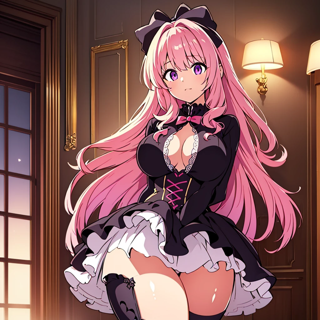 a 14 year old girl, detailed violet eyes, pink wavy long hair, oversized black pullover, frilly skirt, cute stockings with ribbon bows, interior bedroom setting, detailed facial features, beautiful detailed breasts, detailed buttocks, photorealistic, highly detailed, masterpiece, cinematic lighting, volumetric lighting, natural shadows, soft lighting, warm color tones, realistic, intricate details, delicate facial features, elegant pose, serene, female beauty, fashion illustration, digital art
