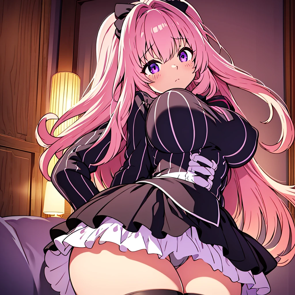 a 14 year old girl, detailed violet eyes, pink wavy long hair, oversized black pullover, frilly skirt, cute stockings with ribbon bows, interior bedroom setting, detailed facial features, beautiful detailed breasts, detailed buttocks, photorealistic, highly detailed, masterpiece, cinematic lighting, volumetric lighting, natural shadows, soft lighting, warm color tones, realistic, intricate details, delicate facial features, elegant pose, serene, female beauty, fashion illustration, digital art