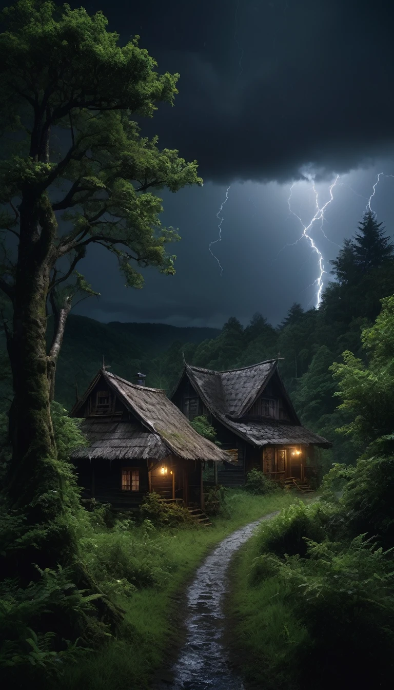 Image of a remote town surrounded by dense forests, where legends about witchcraft and ancestral spirits were common among locals. On a dark night, during a storm that shook the windows and made the trees groan, , PICTURE REALISTIC, high resolution, 8K