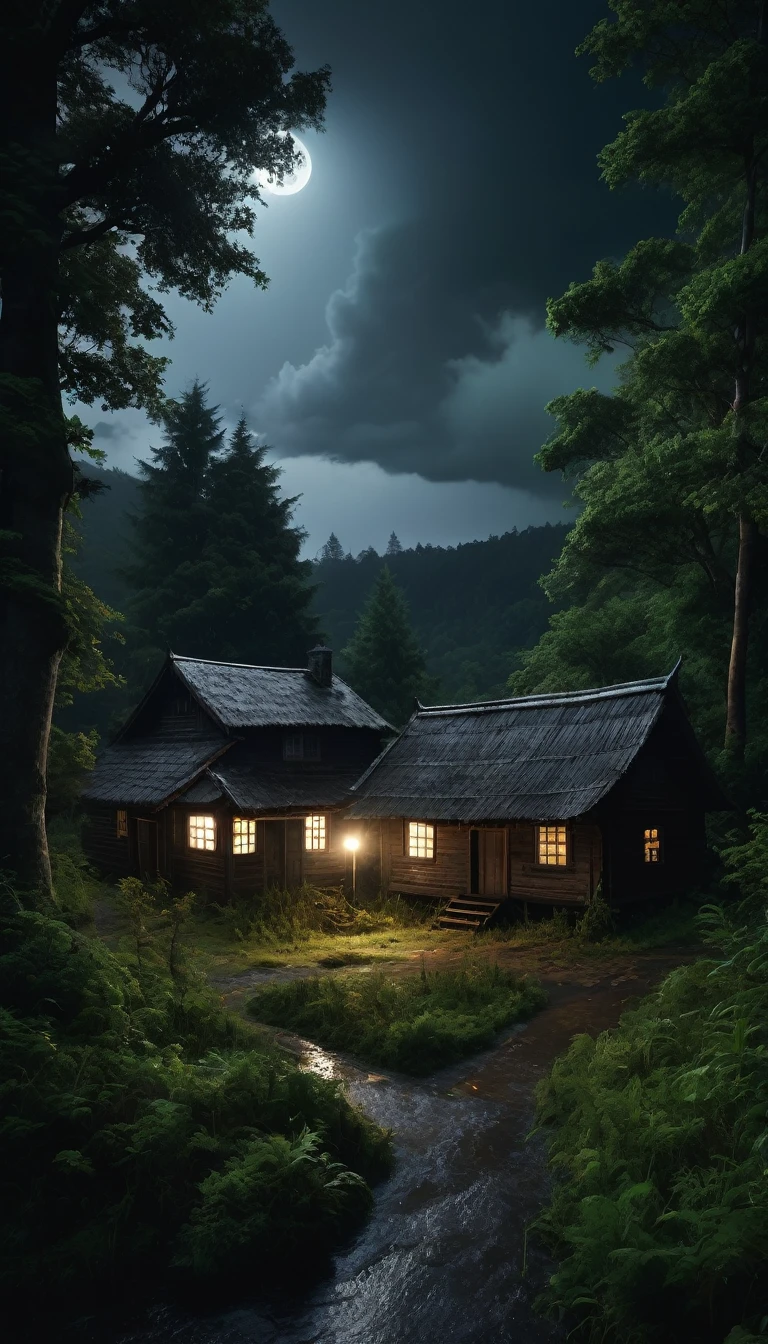 Image of a remote town surrounded by dense forests, where legends about witchcraft and ancestral spirits were common among locals. On a dark night, during a storm that shook the windows and made the trees groan, , PICTURE REALISTIC, high resolution, 8K
