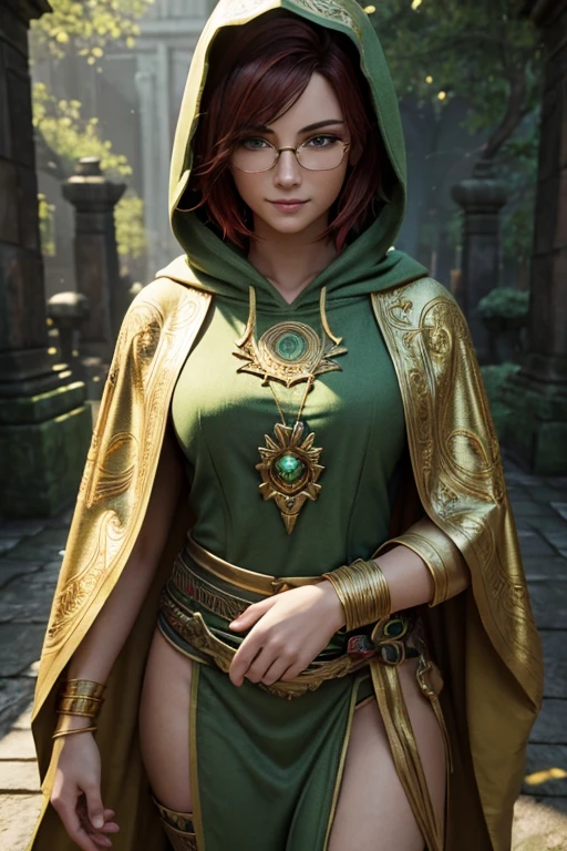 (masterpiece, top quality, Best quality, official art, beautiful and aesthetically pleasing:1.2),whole body, 1 smiling girl, A priestess, short red hair, green eyes, wire frame glasses, , split, (green revealing robe, gold trim), (Green hood:1.2), extremely detailed, Colorful, perfect face, upper body, HDR, (Light Stripes), stunning visual effects, bright colors, temple background. Photorealism. Unreal engine. 3d model. Ultra high quality textures