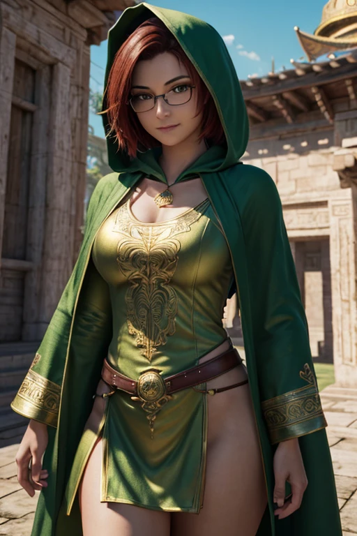 (masterpiece, top quality, Best quality, official art, beautiful and aesthetically pleasing:1.2),whole body, 1 smiling girl, A priestess, short red hair, green eyes, wire frame glasses, , split, (green revealing robe, gold trim), (Green hood:1.2), extremely detailed, Colorful, perfect face, upper body, HDR, (Light Stripes), stunning visual effects, bright colors, temple background. Photorealism. Unreal engine. 3d model. Ultra high quality textures