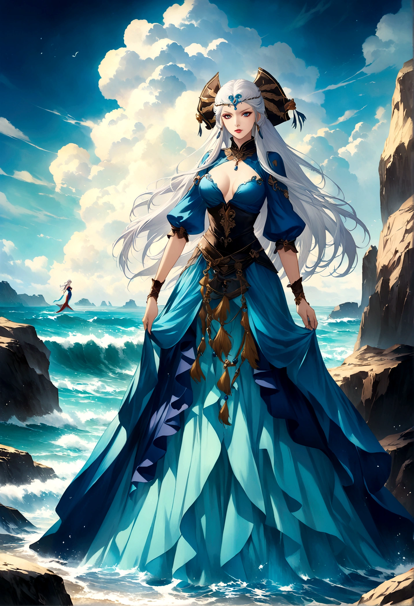 woman with white hair and blue dress standing on a rock in the ocean, anime fantasy artwork, pirate clothes, mermaid tail turns into a skirt, anime fantasy illustration, beautiful fantasy anime, fantasy art style, white haired deity, epic fantasy art style, sea queen Mu Yanling, epic fantasy art style hd, 极其详细的Artgerm, 2. 5 d cgi anime fantasy artwork