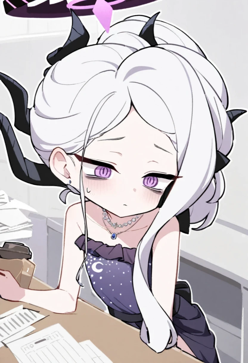 NSFW, Hina, blue archive, 1girl, tired, bags under eyes, coffee, drink, at a desk, paper, paper work