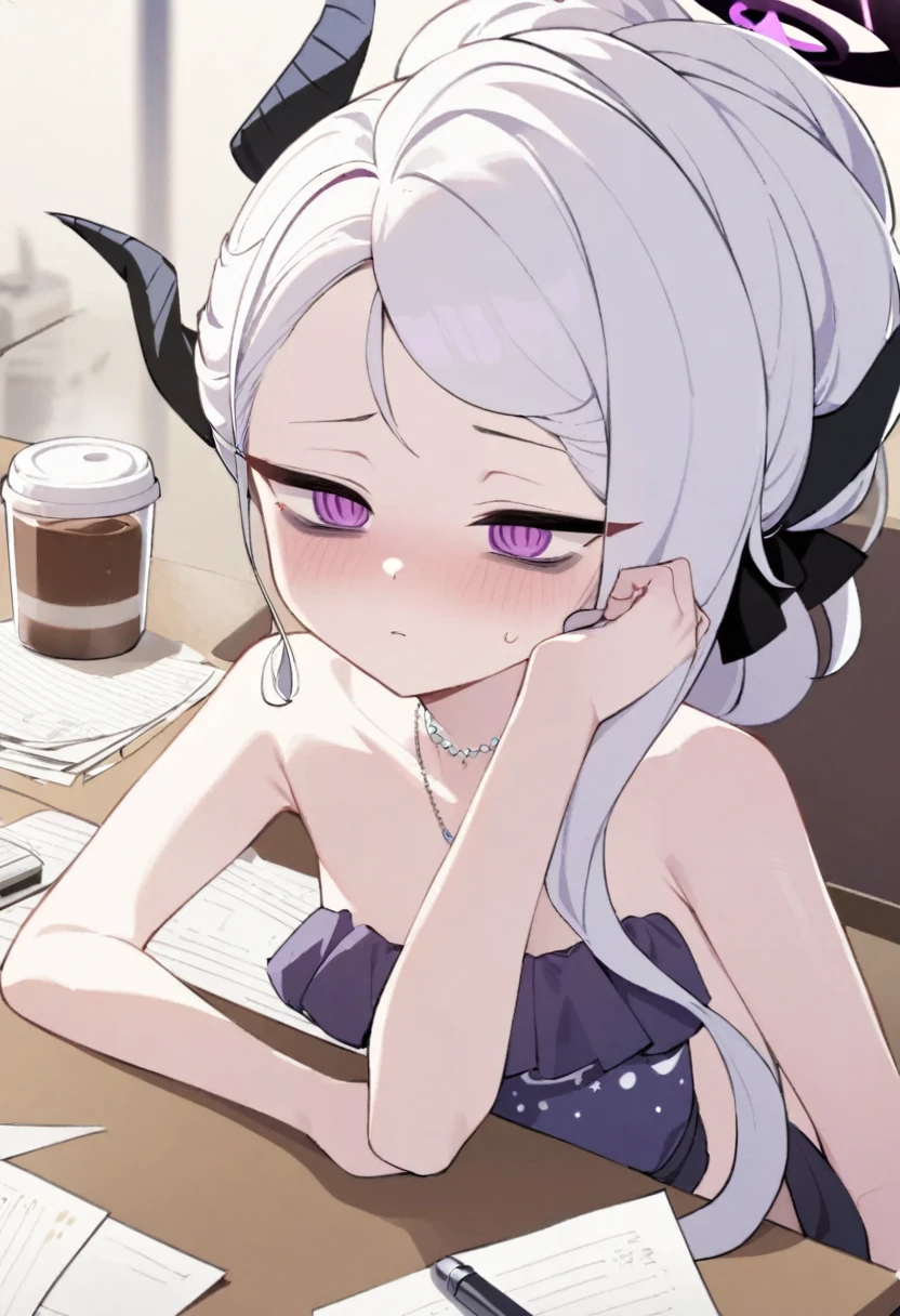 NSFW, Hina, blue archive, 1girl, tired, bags under eyes, coffee, drink, at a desk, paper, paper work