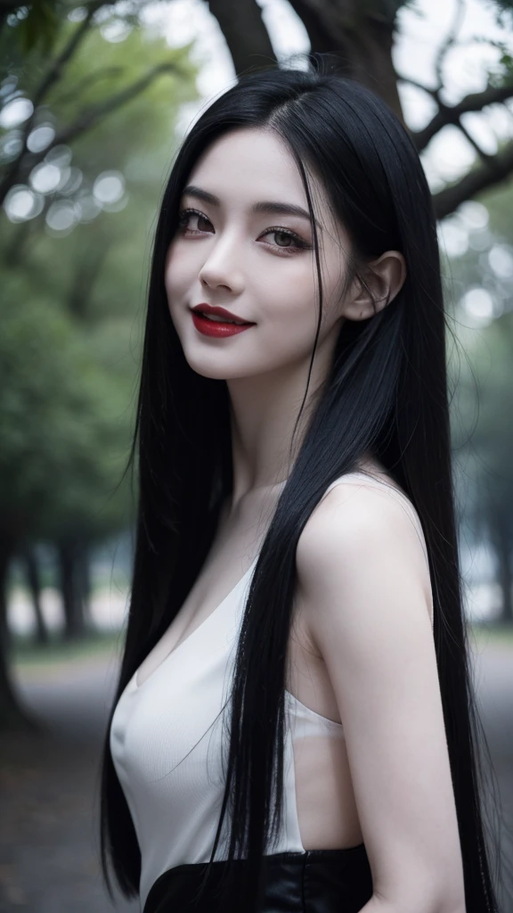 a sexy, gothic woman with pale white skin with black hair and a mischievous smile, black eyes with bright red irises on an empty listening street of a park with dry trees in a gloomy gothic atmosphere