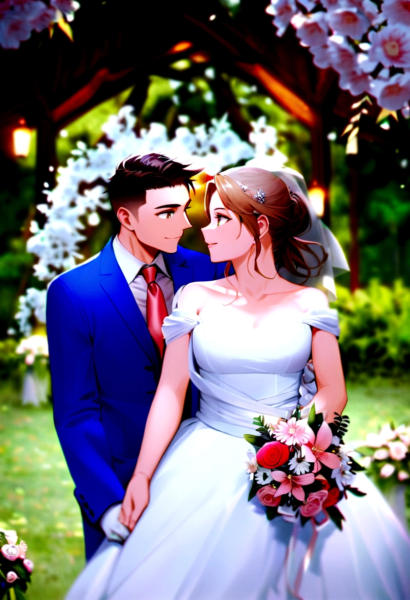 work of art, 1 girl, 1 young boy, don, two people, marriage don, necktie, Couple, ssmile, strapless don, eyes locked, Brown eyes, pants, strapless, veil, flowers, long hair, containment, jewerly, mitts, chemise, necklase, bouquet, white pants, containment bouquet, white don, blue colored eyes, white chemise, open jacket, white jacket, red necktie, bridal veil, White background, marriage, husband and wife, long sleeves, long don, pink flowers, shorth hair, standing, capa do romance, homem sem mitts, mulher sem mitts, woman with blonde hair