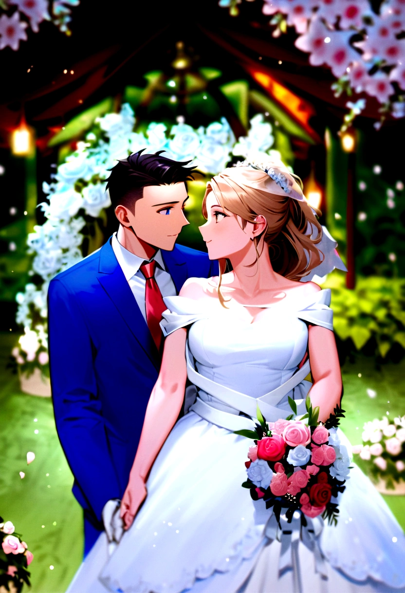 work of art, 1 girl, ung boy, don, two people, marriage don, necktie, Couple, ssmile, strapless don, eyes locked, Brown eyes, pants, strapless, veil, flowers, long hair, containment, jewerly, mitts, chemise, necklase, bouquet, white pants, containment bouquet, white don, blue colored eyes, white chemise, open jacket, white jacket, red necktie, bridal veil, White background, marriage, husband and wife, long sleeves, long don, pink flowers, shorth hair, standing, capa do romance, homem sem mitts, mulher sem mitts, woman with blonde hair