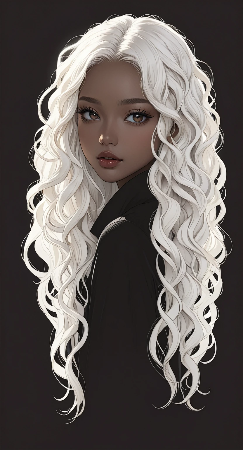 beautiful illustration, ultra-detailed, masterpiece, very long white hair, curly hair, wavy hair, afro curly hair