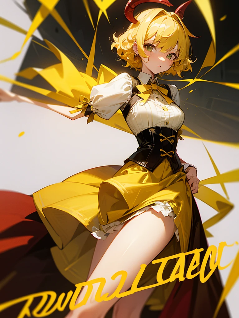 Short blonde curly hair Yellow ribbon hair accessory Yellow corset dress Devil's wings Grumpy