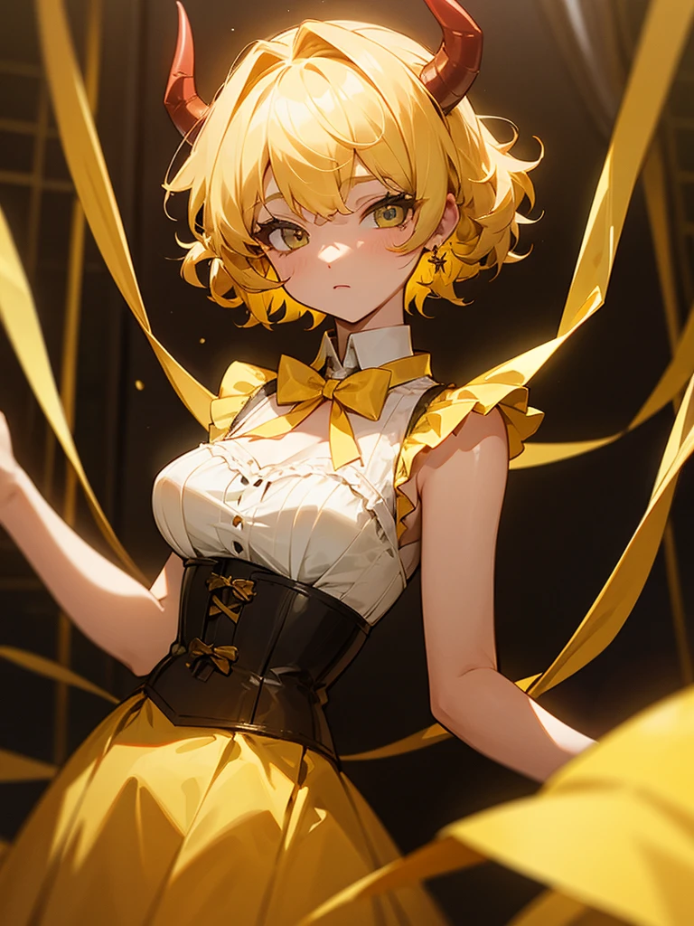 Short blonde curly hair Yellow ribbon hair accessory Yellow corset dress Devil&#39;s wings Grumpy