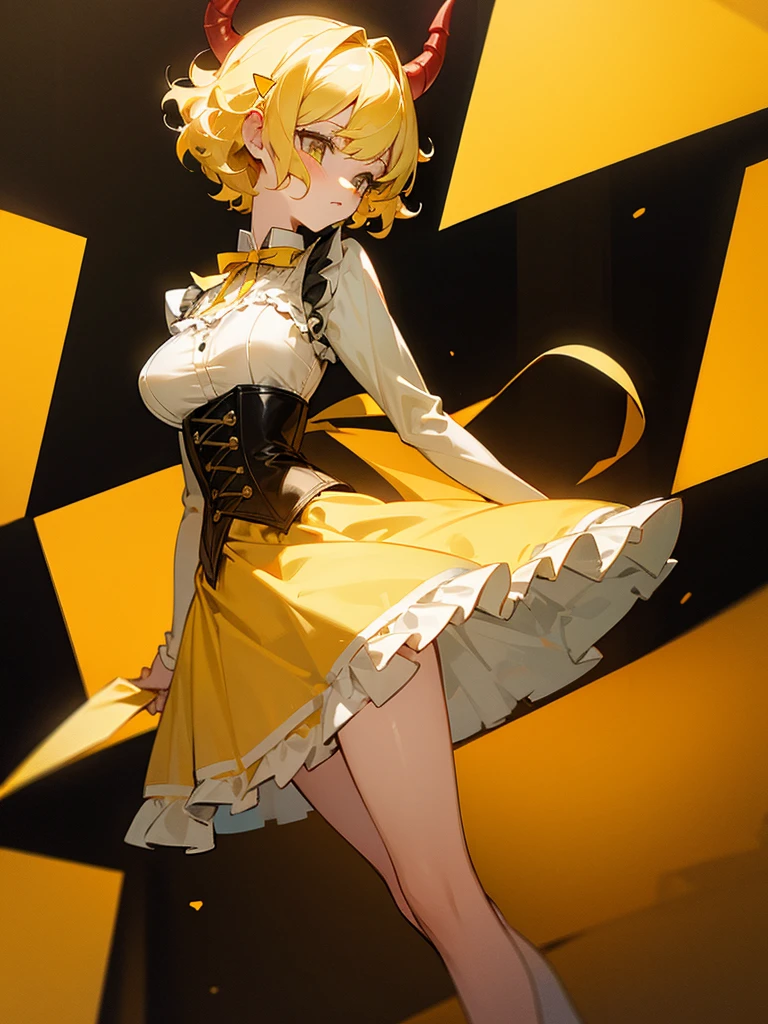 Short blonde curly hair Yellow ribbon hair accessory Yellow corset dress Devil's wings Grumpy