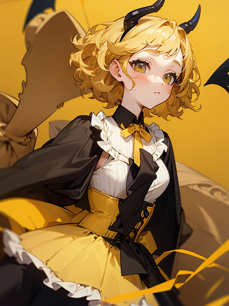 Short blonde curly hair Yellow ribbon hair accessory Yellow corset dress Devil's wings Grumpy