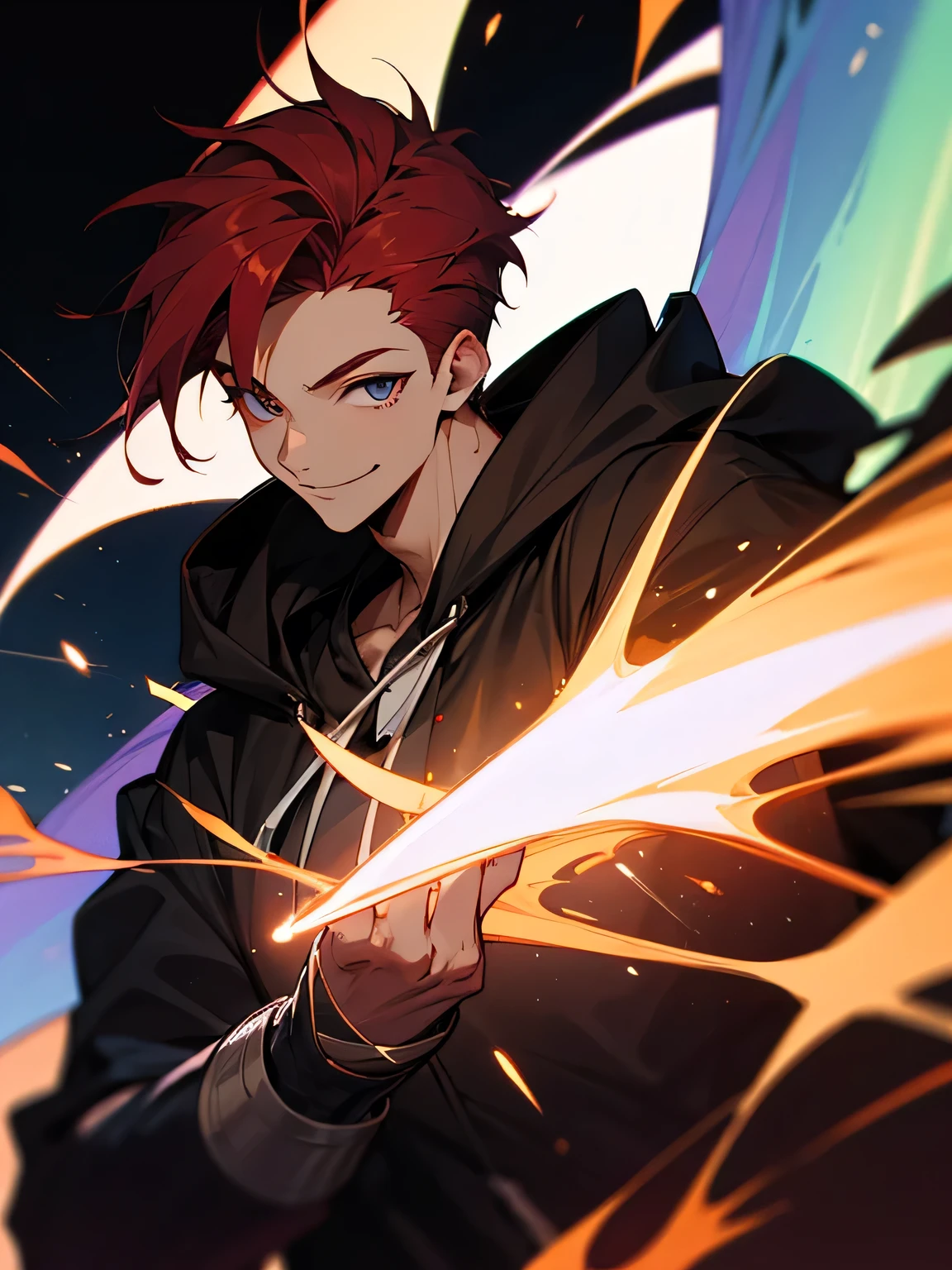 solo, upperbody, dark red fliiped hair, male's hair style, sidecut, backcut, male's eyes, black hoodie, stylish pose, smile, flash, aurora revolution,