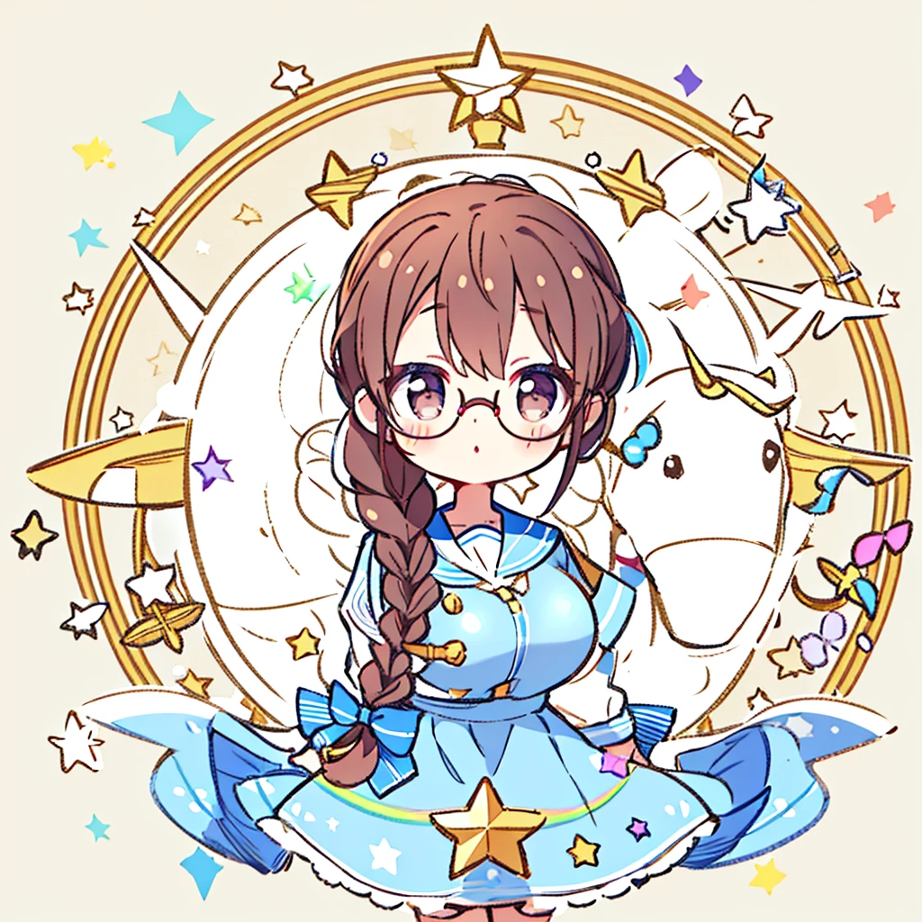 Circular emblem{star、ribbon、unicorn、candy、rainbow}、A girl with a single braided hairstyle{Glasses、Brown Hair、Brown eyes、droopy eyes、light blue sailor suit、large breasts}