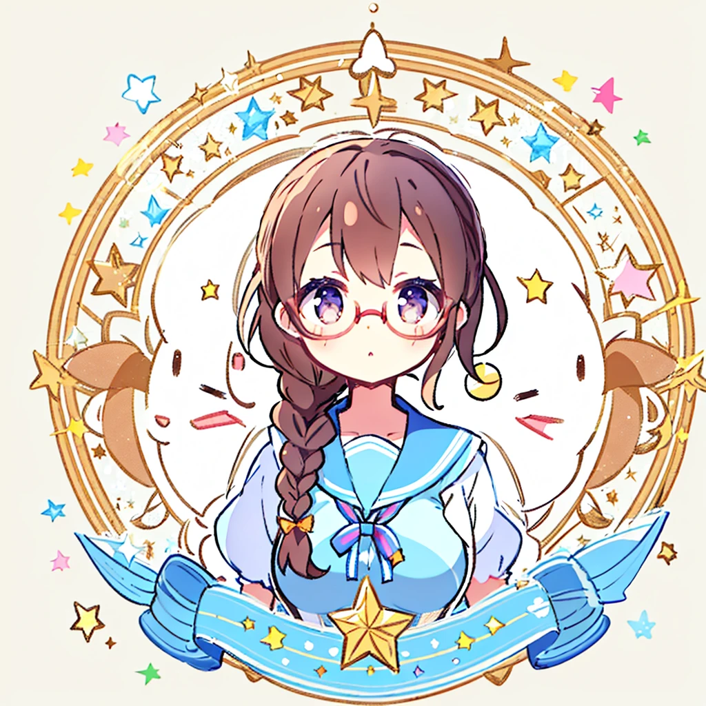 Circular emblem{star、ribbon、unicorn、candy、rainbow}、A girl with a single braided hairstyle{Glasses、Brown Hair、Brown eyes、droopy eyes、light blue sailor suit、large breasts}