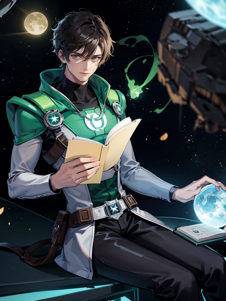 Green Lantern sitting on a research platform floating in the middle of the asteroid belt. He studies with a notebook, surrounded by several asteroids glowing with a fiery aura. Dramatic lighting from distant stars and planets illuminates the scene, casting deep shadows on the costume. The young man looks confident and determined, looking at the vast and mysterious universe with wonder and respect, facial hair, cowboy shot,