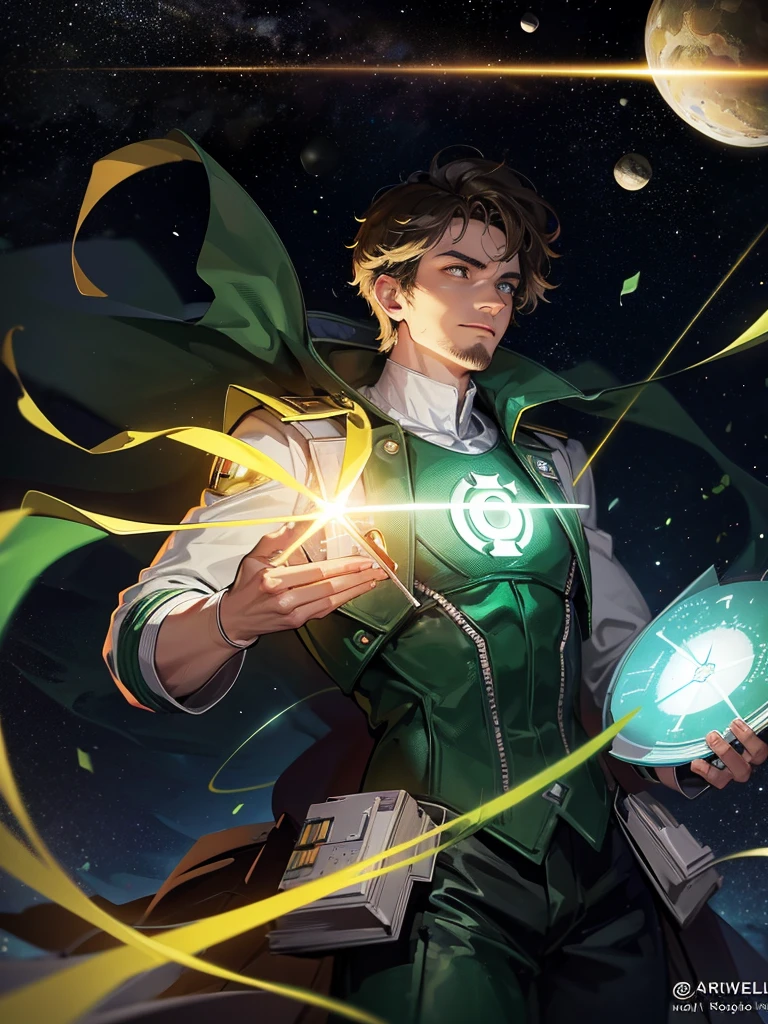 Green Lantern sitting on a research platform floating in the middle of the asteroid belt. He studies with a notebook, surrounded by several asteroids glowing with a fiery aura. Dramatic lighting from distant stars and planets illuminates the scene, casting deep shadows on the costume. The young man looks confident and determined, looking at the vast and mysterious universe with wonder and respect, facial hair, cowboy shot,