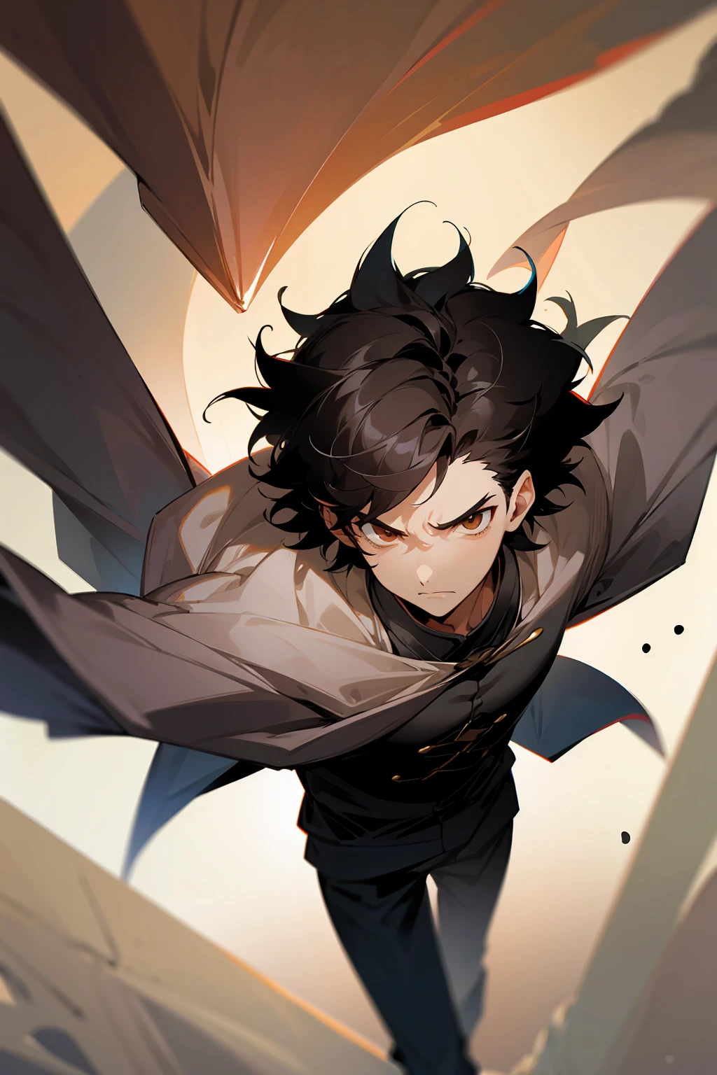 1male, Male, Dark Short Black Fluffy Hair, Brown Eyes, Perfect Generation, Masterpiece Quality, serious expression