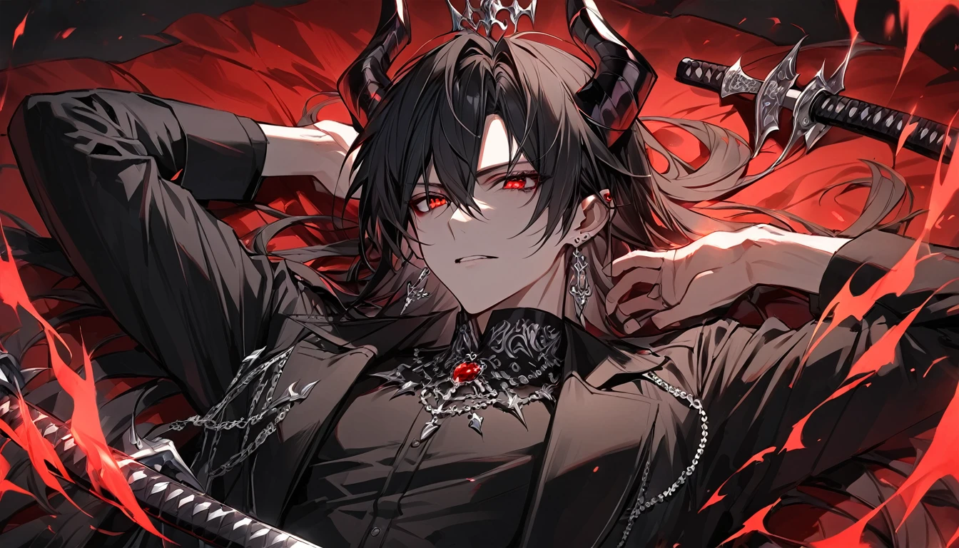 alone, good looking, 1 male, Long hair, Middle parted, Black hair, Red eyes, Black shirt, White Thailand, Black Trench Coat, Royal Silver Jewellery, Royal Demon Earrings, Black horns, Demon Crown, Demonic Katana, On Back, Demonic Black flames Aura