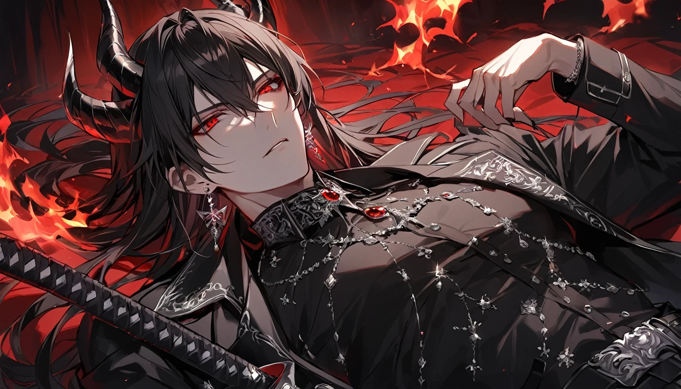 alone, good looking, 1 male, Long hair, Middle parted, Black hair, Red eyes, Black shirt, White Thailand, Black Trench Coat, Royal Silver Jewellery, Royal Demon Earrings, Black horns, Demon Crown, Demonic Katana, On Back, Demonic Black flames Aura
