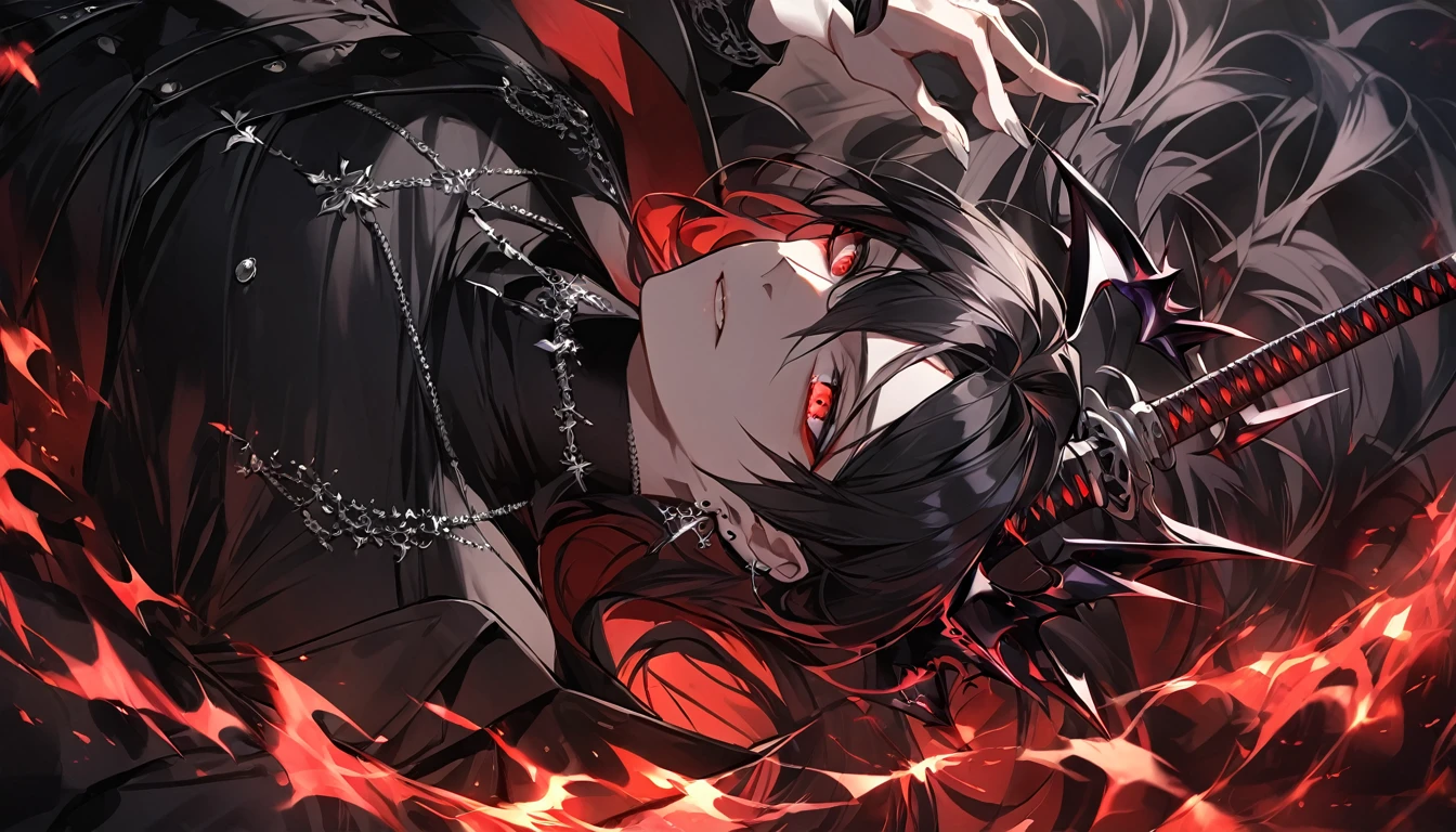 alone, good looking, 1 male, Long hair, Middle parted, Black hair, Red eyes, Black shirt, White Thailand, Black Trench Coat, Royal Silver Jewellery, Royal Demon Earrings, Black horns, Demon Crown, Demonic Katana, On Back, Demonic Black flames Aura