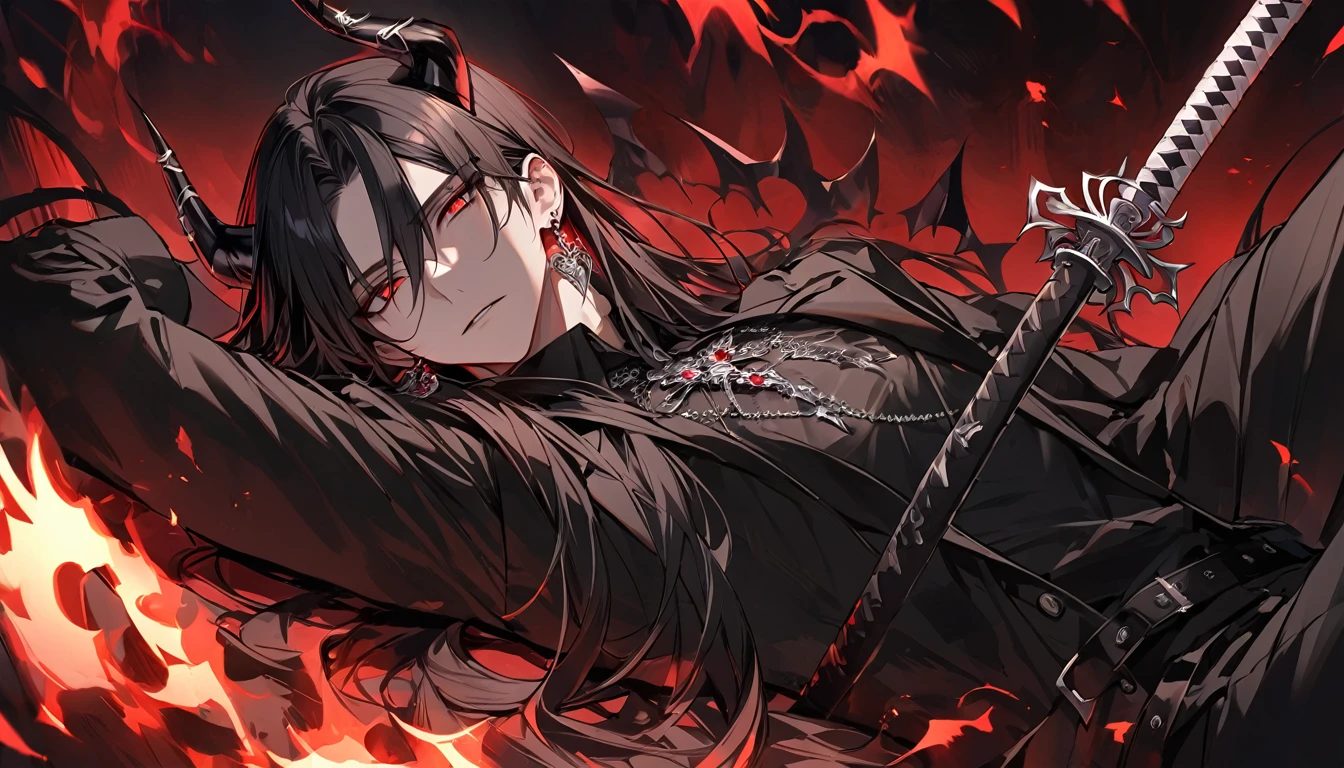 alone, good looking, 1 male, Long hair, Middle parted, Black hair, Red eyes, Black shirt, White Thailand, Black Trench Coat, Royal Silver Jewellery, Royal Demon Earrings, Black horns, Demon Crown, Demonic Katana, On Back, Demonic Black flames Aura