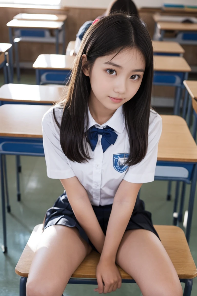 、Student uniform、In the classroom、Sit at a desk、Black Skirt、White shirt、Black Hair、Asian、10th Generation、1 ges、Skirt flipped up