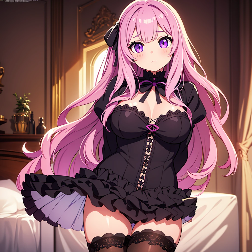 a 14 year old girl, detailed violet eyes, pink wavy long hair, oversized black pullover, frilly skirt, cute stockings with ribbon bows, interior bedroom setting, detailed facial features, beautiful detailed breasts, detailed buttocks, photorealistic, highly detailed, masterpiece, cinematic lighting, volumetric lighting, natural shadows, soft lighting, warm color tones, realistic, intricate details, delicate facial features, elegant pose, serene, female beauty, fashion illustration, digital art