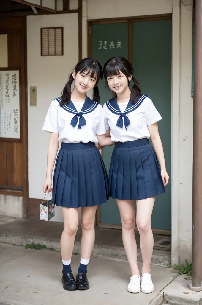 2 girls in old-Japanese town on school trips,white sailor shirt,navy blue pleated skirt,18-year-old,bangs,a little smile,thighs,knees,short hair with low pigtails bunches,from below,front light