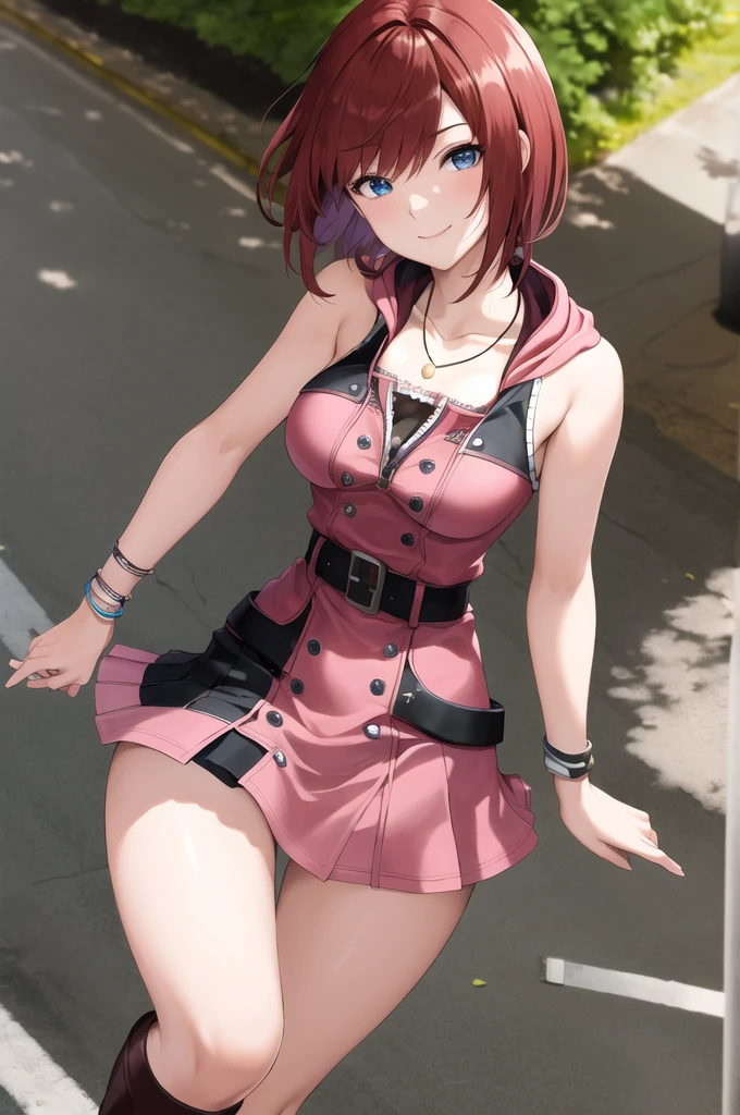 masterpiece, Highest quality, High resolution, CCKAIRI is, Medium Hair, necklace, Bare shoulders, hoodie, button, No sleeve, bracelet, Belt Buckle, Black belt, Pink Skirt, Are standing, Cowboy Shot, town, street, smile　Big Tits　Thigh-high boots　ballerina