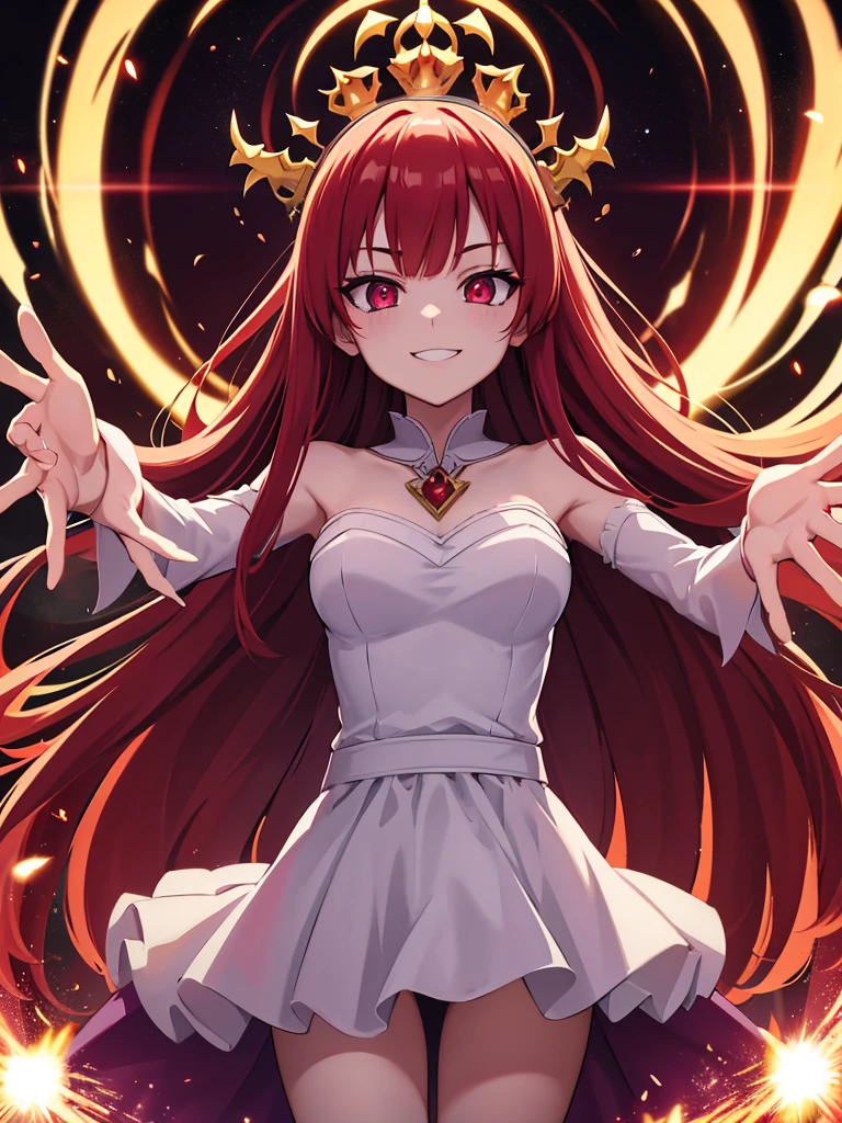 Blood-eyed Princess of Darkness, Redhead, Crown, Wicked Smile, Anime Style, Lens flare, High detail, First Person View, Cinema Lighting, masterpiece, Super detailed, Highest quality, 8K, Ultra-high resolution, Panty shot