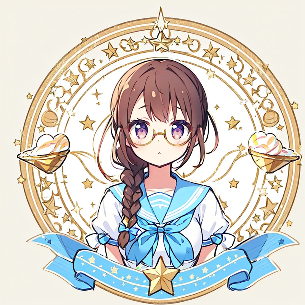 Circular emblem{star、ribbon、unicorn、candy、rainbow}、A girl with a single braided hairstyle{Glasses、Brown Hair、Brown eyes、droopy eyes、light blue sailor suit、large breasts}