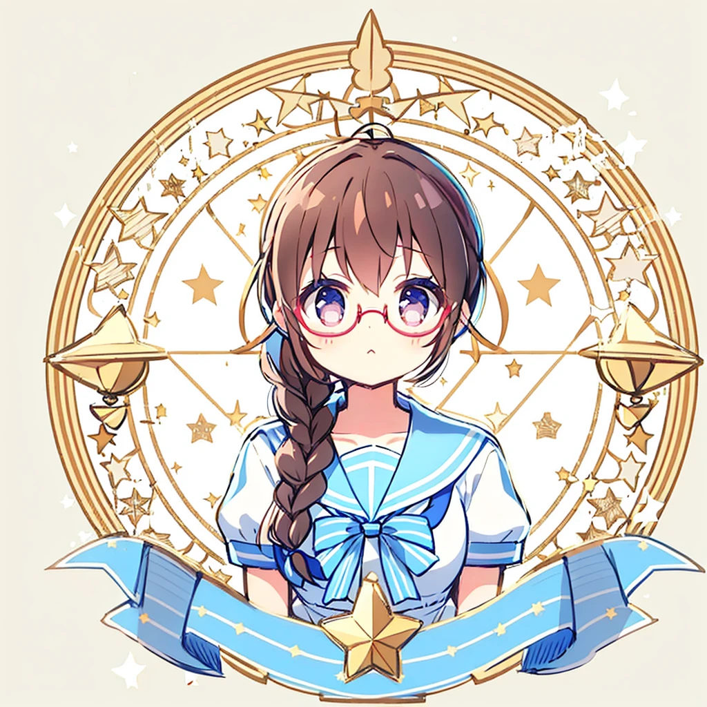 Circular emblem{star、ribbon、unicorn、candy、rainbow}、A girl with a single braided hairstyle{Glasses、Brown Hair、Brown eyes、droopy eyes、light blue sailor suit、large breasts}
