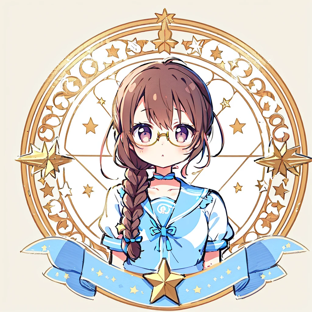 Circular emblem{star、ribbon、unicorn、candy、rainbow}、A girl with a single braided hairstyle{Glasses、Brown Hair、Brown eyes、droopy eyes、light blue sailor suit、large breasts}