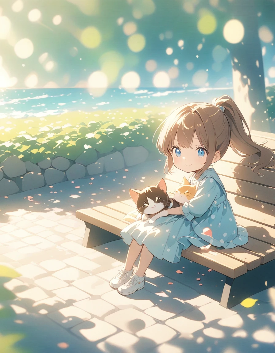 Anime Style, Ultra-fine illustrations, Very detailed, Dynamic Angle, Beautiful details, 8K,pretty girl,Brown Hair,ponytail, smile,blue eyes, Sit on a bench in a park by the sea with a view of the ocean,fashionable, Trendy clothes,Cobblestones,(Spotted sunlight:1.2),Blurred,(Written boundary depth:1.1),Tilt your head,(Fluttering petals),wood,Cuddle a kitten,sleep