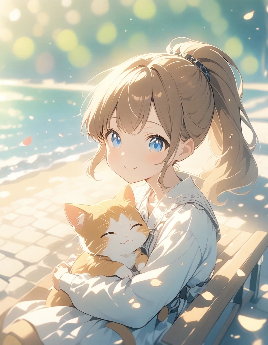 Anime Style, Ultra-fine illustrations, Very detailed, Dynamic Angle, Beautiful details, 8K,pretty girl,Brown Hair,ponytail, smile,blue eyes, Sit on a bench in a park by the sea with a view of the ocean,fashionable, Trendy clothes,Cobblestones,(Spotted sunlight:1.2),Blurred,(Written boundary depth:1.1),Tilt your head,(Fluttering petals),wood,Cuddle a kitten,sleep
